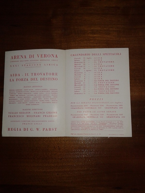 Depliant/opuscolo ARENA DI VERONA 1953 Aida- il Trovatore calendario spettacoli
