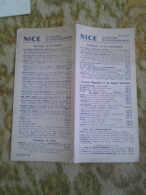 Depliant/opuscolo.nice. centre d'excursions. guida turistica vintage 1956