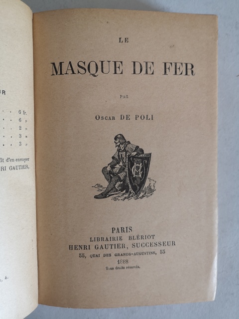 Le masque de fer par Oscar de Poli Librairie Bleriot 1888