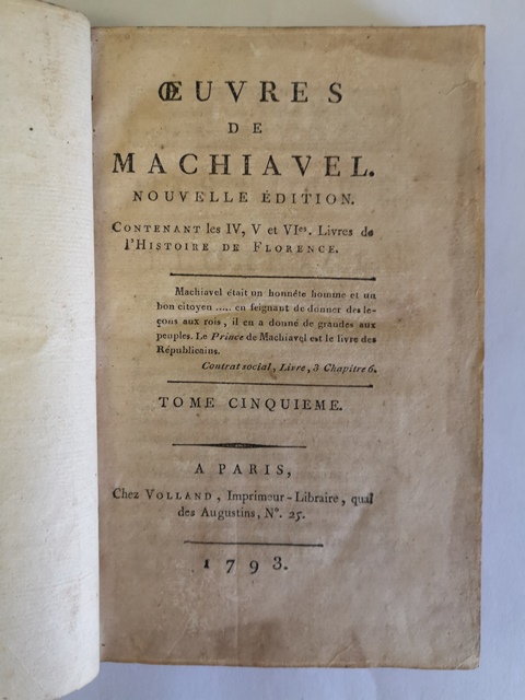 Oeuvres de Machiavel nouvelle edition Tome cinquieme Volland Paris 1793