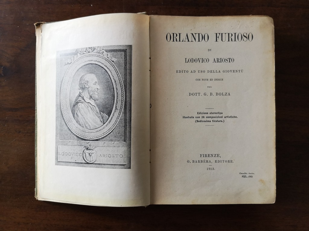 Orlando furioso di lodovico ariosto edito ad uso della gioventù dott. G.B. Bolza Firenze Barbera editore 1912