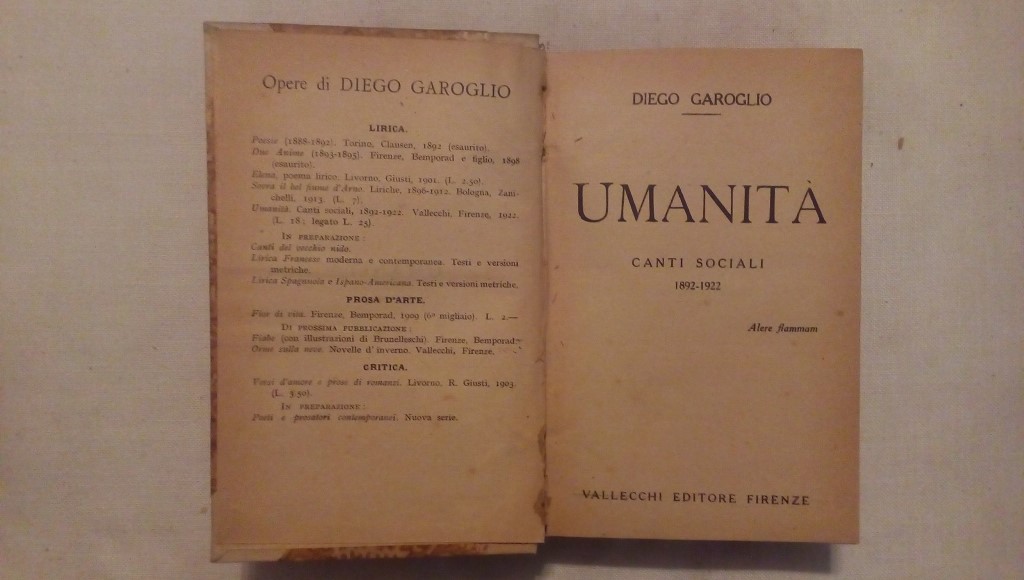 Umanità canti sociali 1892 - 1922 Diego Garoglio Vallecchi editore 