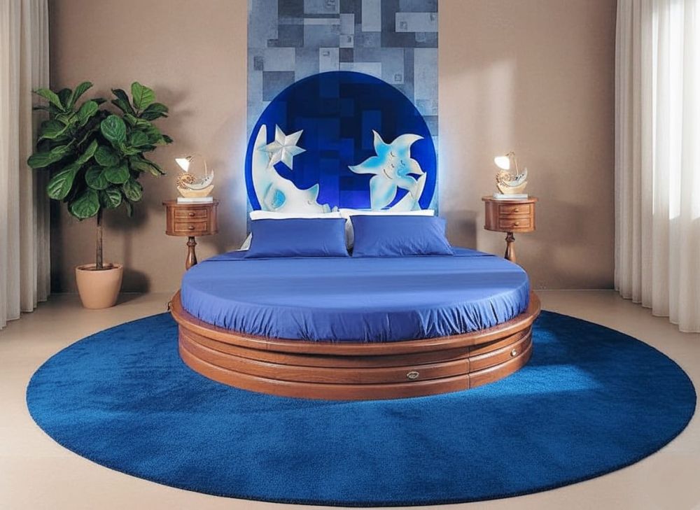 Round bed blu notte with mattress and bedside tables