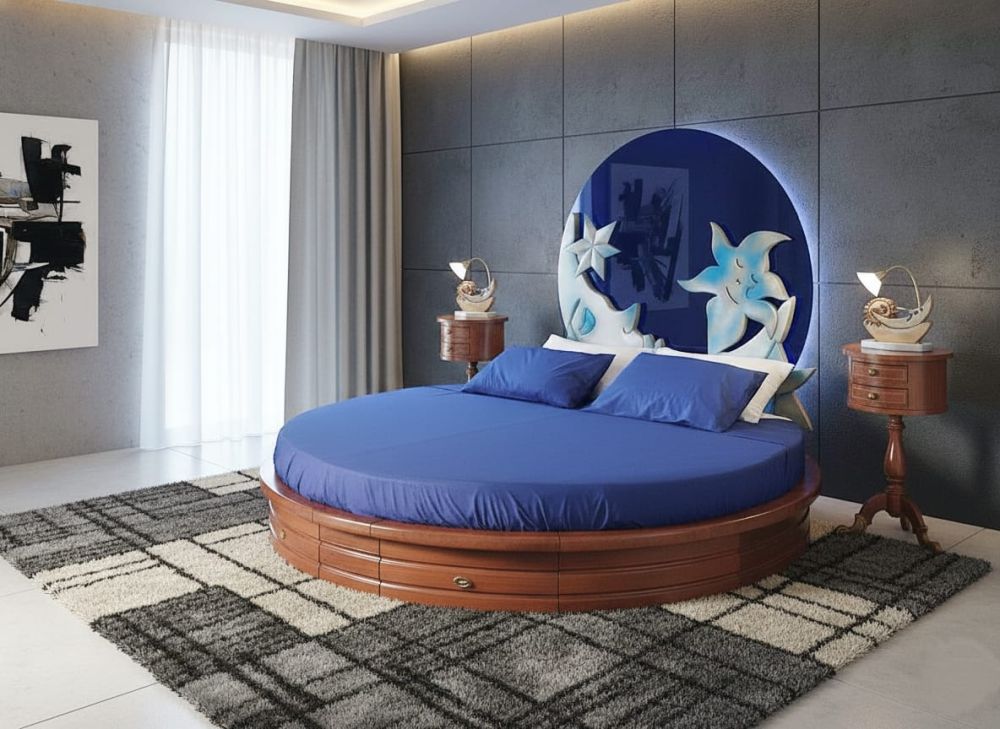Letto rotondo blu notte con materasso e comodini