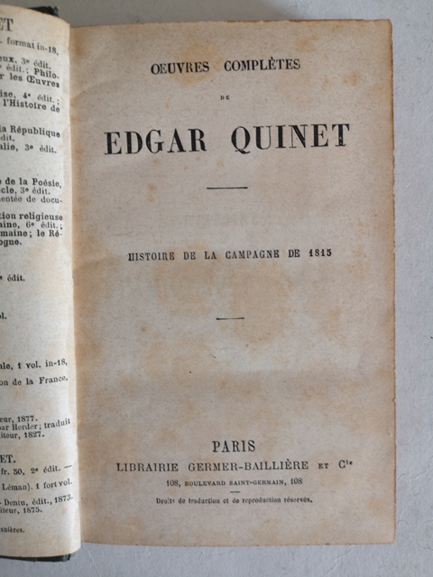 Oeuvres completes de Edgar Quinet Historie de la campagne de 1815 Paris