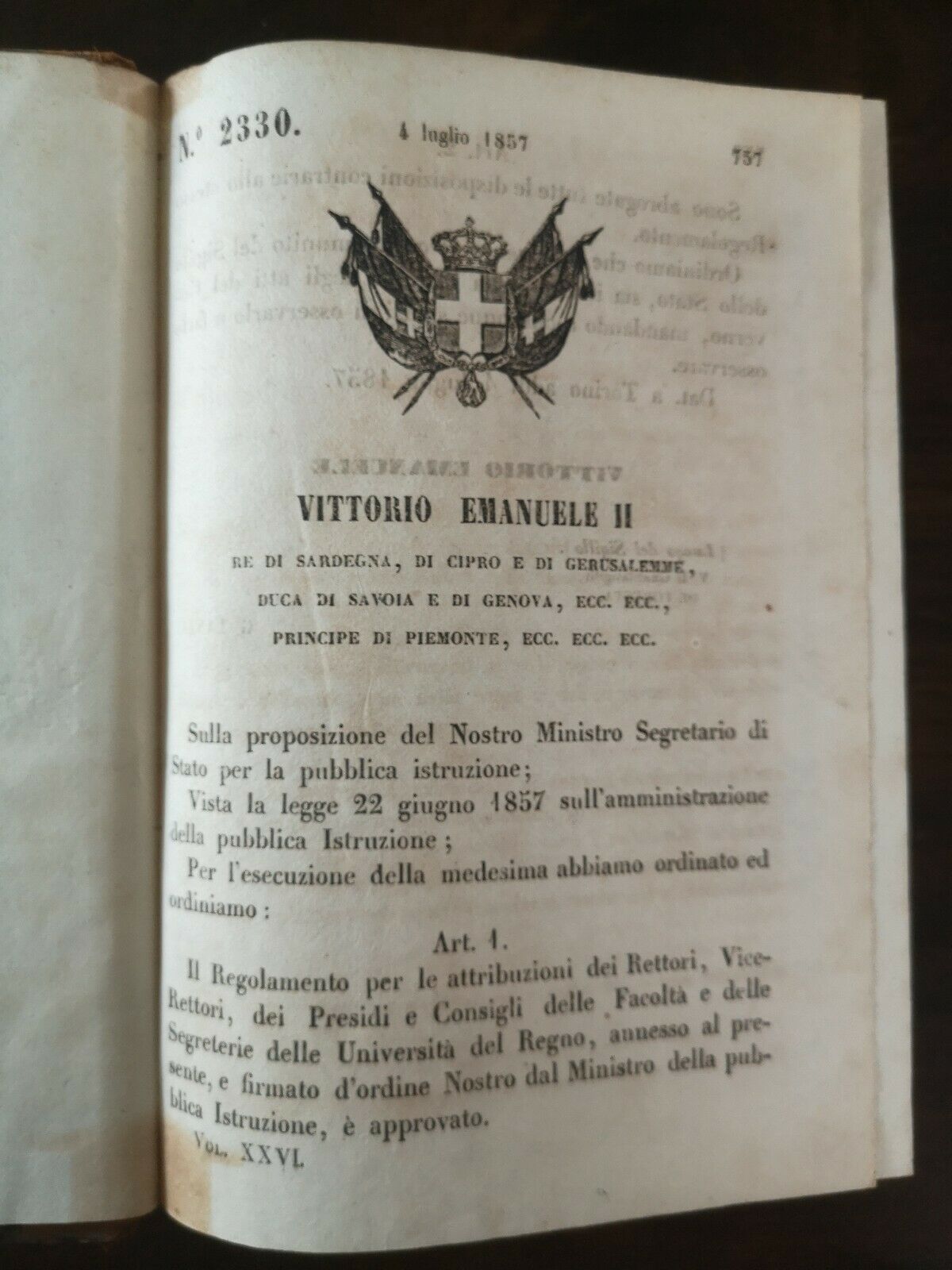 Raccolta Degli Atti Del Governo Il Re Di Sardegna Volume Vigesimosesto Anno 1857 Stamperia reale Torino parte prima e seconda 